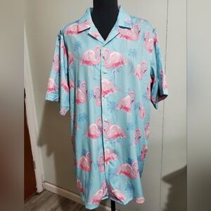 Flamingo Hawaiian Shirt Men’s L Pink Aqua Tropical Vacation Button Up